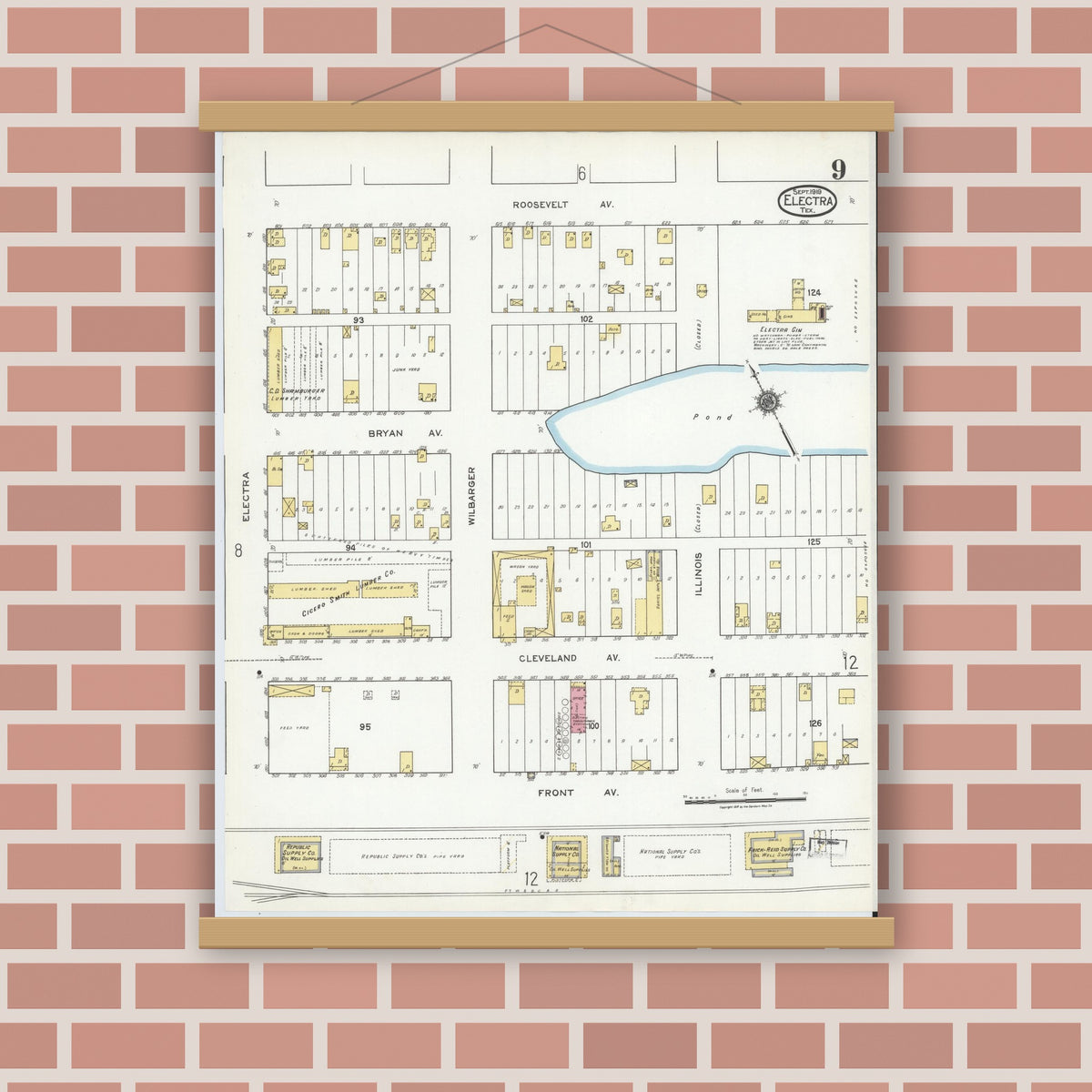 Old map wall art mockup — magnetic wood frame on brick wall — Sanborn Fire Insurance Map from Electra, Wichita County, Texas (1919), Sheet #0009