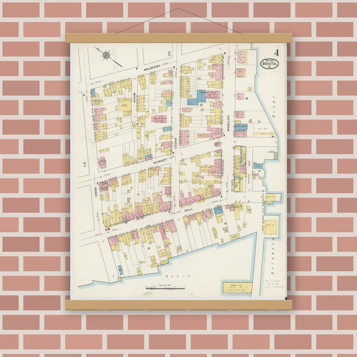 Old map wall art mockup — magnetic wood frame on brick wall — Sanborn Fire Insurance Map from Bristol, Bucks County, Pennsylvania (1915), Sheet #0004
