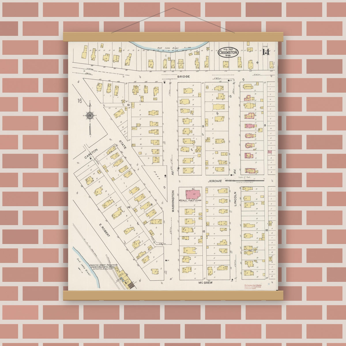 Old map wall art mockup — magnetic wood frame on brick wall — Sanborn Fire Insurance Map from Crookston, Polk County, Minnesota (1922), Sheet #0014