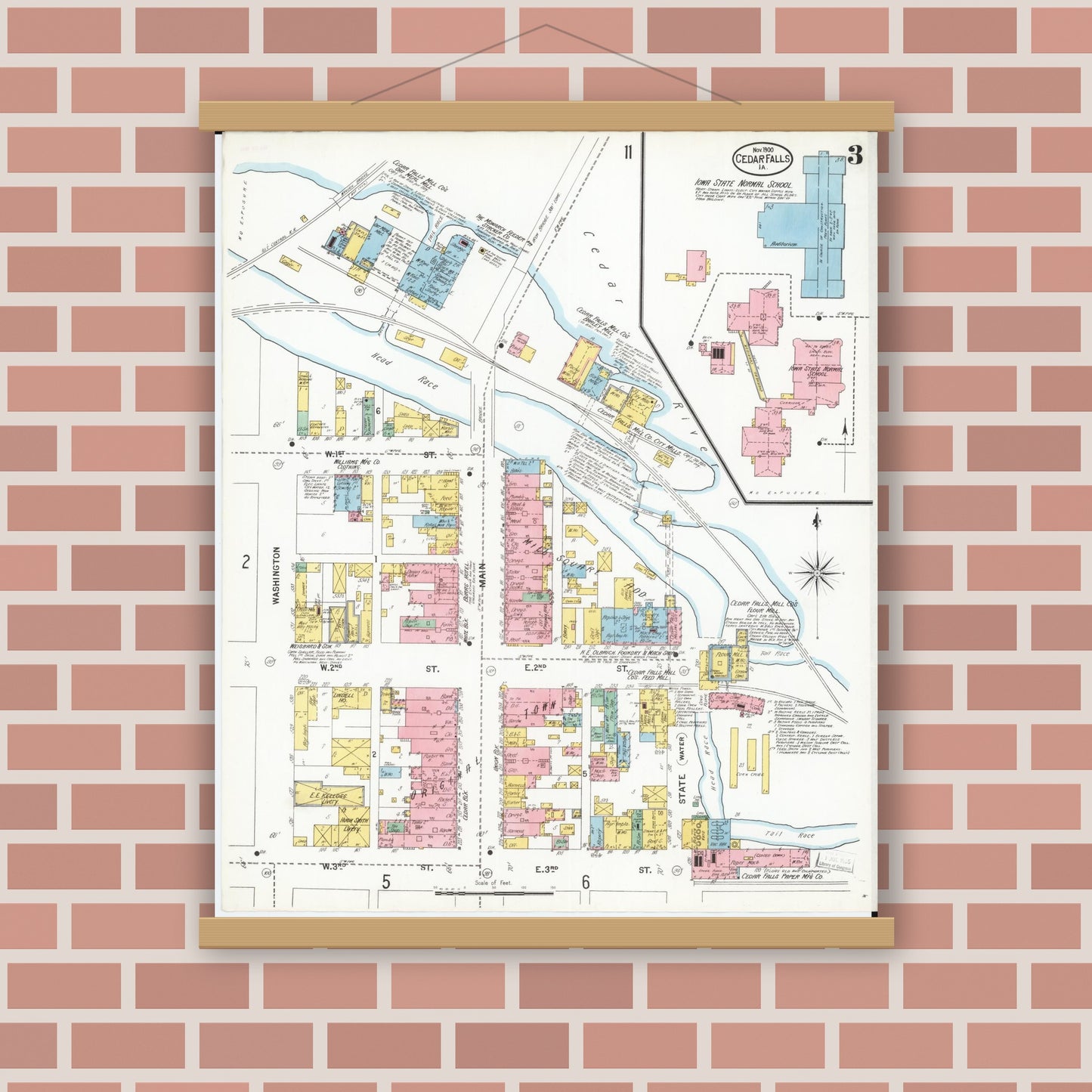 Old map wall art mockup — magnetic wood frame on brick wall — Sanborn Fire Insurance Map from Cedar Falls, Black Hawk County, Iowa (1900), Sheet #0003