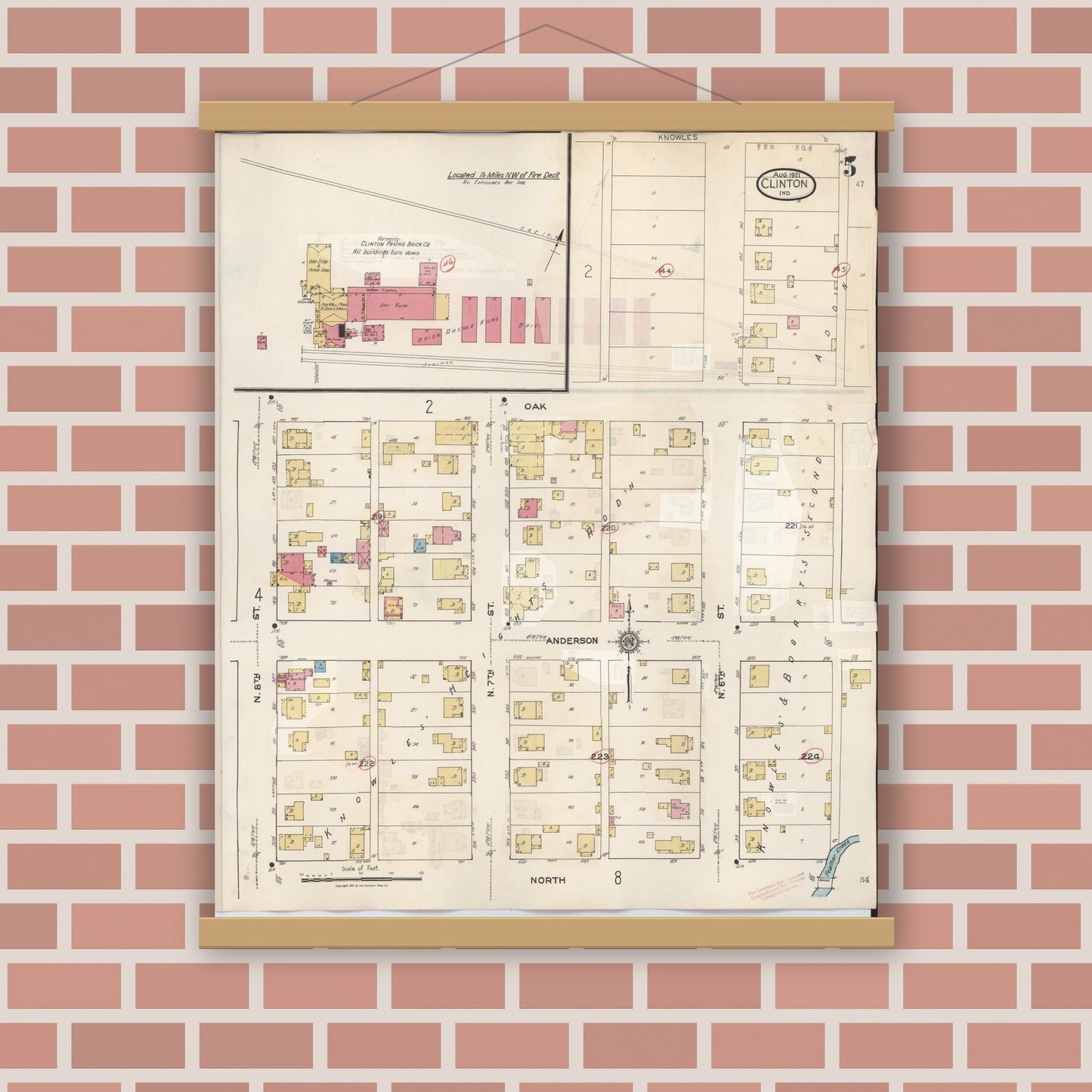 Old map wall art mockup — magnetic wood frame on brick wall — Sanborn Fire Insurance Map from Clinton, Vermillion County, Indiana (1947), Sheet #0005
