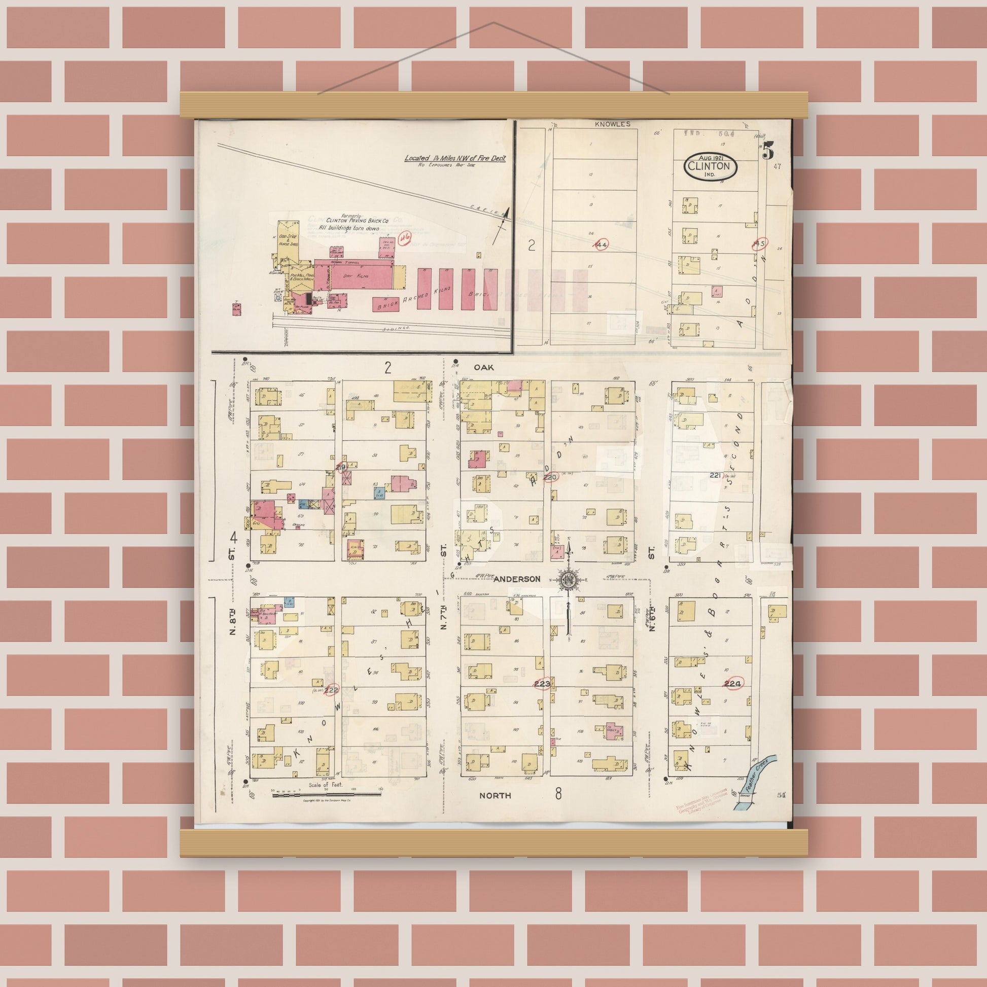 Old map wall art mockup — magnetic wood frame on brick wall — Sanborn Fire Insurance Map from Clinton, Vermillion County, Indiana (1947), Sheet #0005