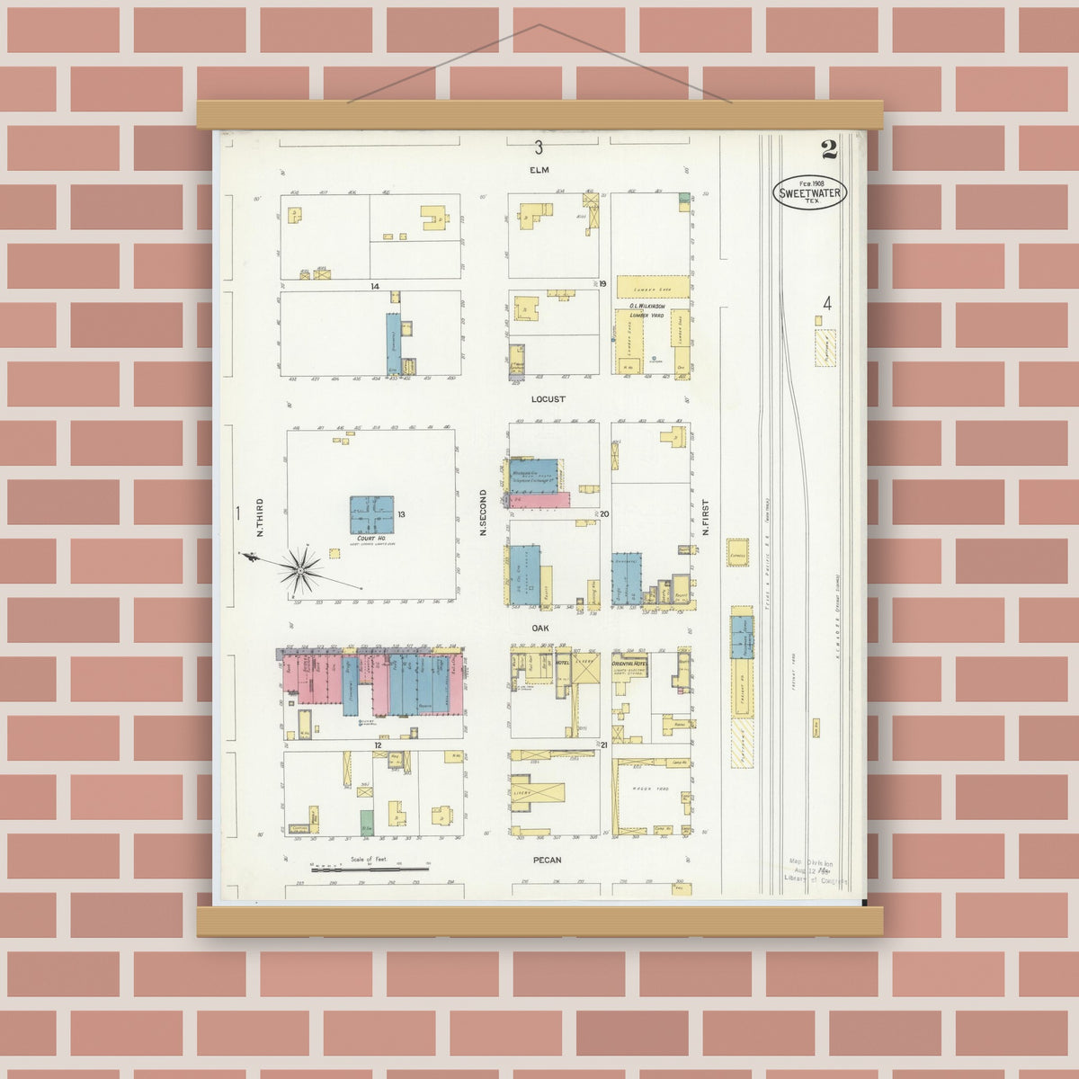 Old map wall art mockup — magnetic wood frame on brick wall — Sanborn Fire Insurance Map from Sweetwater, Nolan County, Texas (1908), Sheet #0002