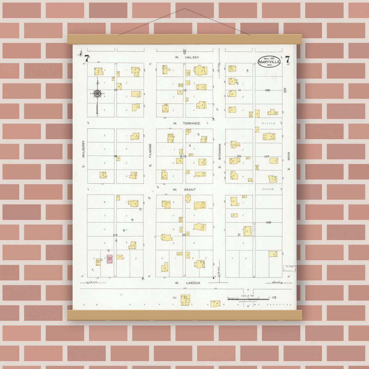 Old map wall art mockup — magnetic wood frame on brick wall — Sanborn Fire Insurance Map from Maryville, Nodaway County, Missouri (1925), Sheet #0007