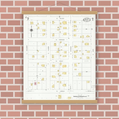 Old map wall art mockup — magnetic wood frame on brick wall — Sanborn Fire Insurance Map from Maryville, Nodaway County, Missouri (1925), Sheet #0007