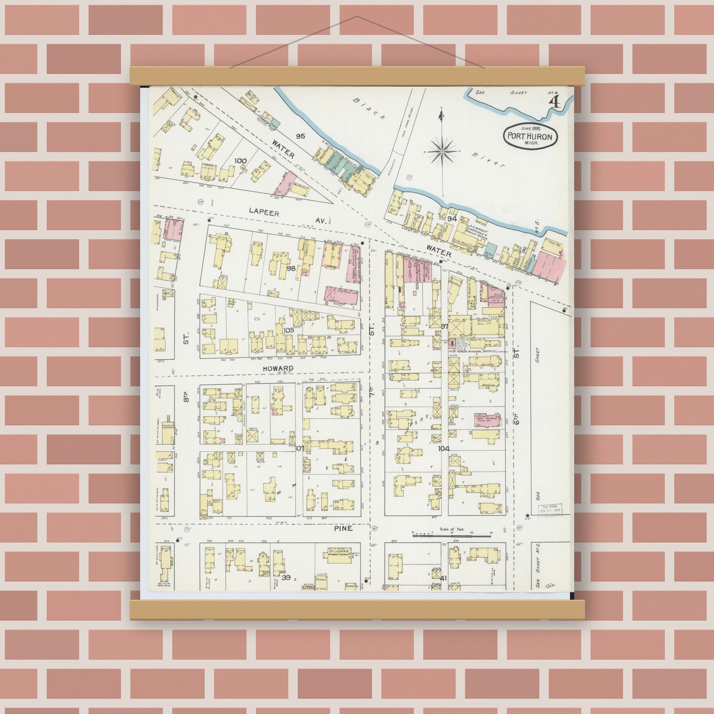 Old map wall art mockup — magnetic wood frame on brick wall — Sanborn Fire Insurance Map from Port Huron, Saint Clair County, Michigan (1892), Sheet #0004