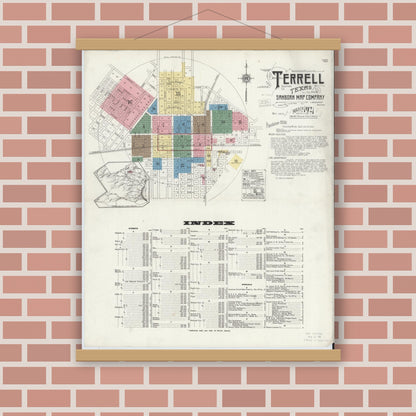 Old map wall art mockup — magnetic wood frame on brick wall — Sanborn Fire Insurance Map from Terrell, Kaufman County, Texas (1921), Sheet #0001