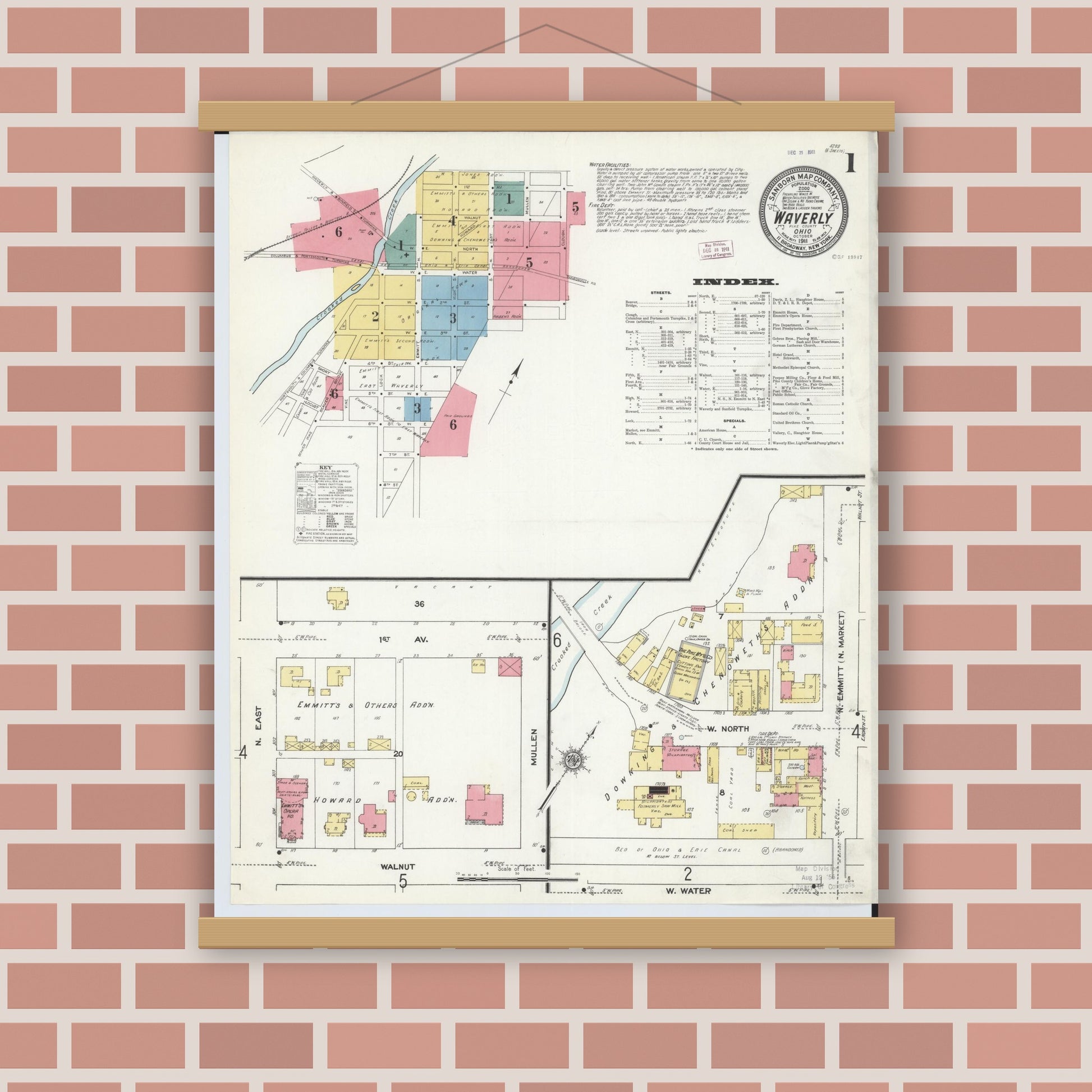 Old map wall art mockup — magnetic wood frame on brick wall — Sanborn Fire Insurance Map from Waverly, Pike County, Ohio (1911), Sheet #0001