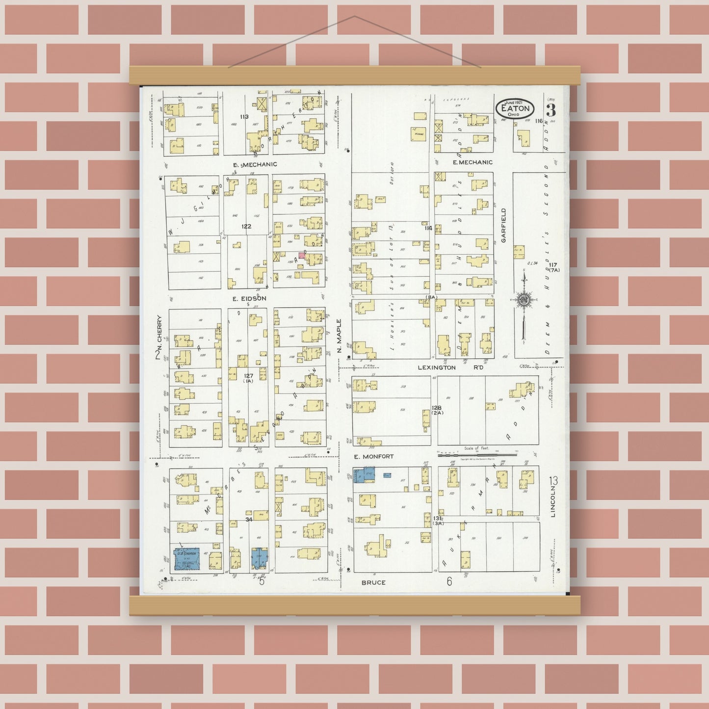 Old map wall art mockup — magnetic wood frame on brick wall — Sanborn Fire Insurance Map from Eaton, Preble County, Ohio (1921), Sheet #0003