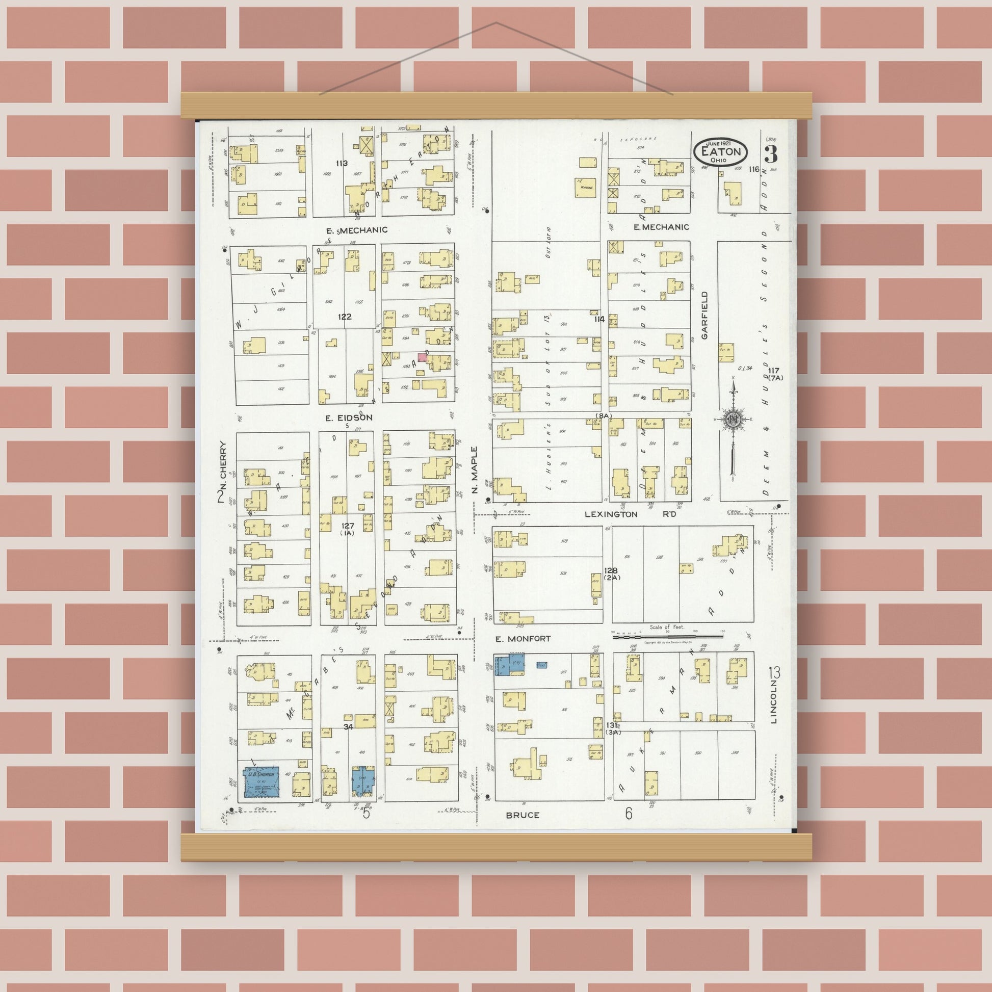 Old map wall art mockup — magnetic wood frame on brick wall — Sanborn Fire Insurance Map from Eaton, Preble County, Ohio (1921), Sheet #0003