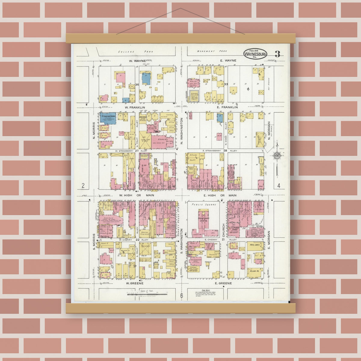 Old map wall art mockup — magnetic wood frame on brick wall — Sanborn Fire Insurance Map from Waynesburg, Greene County, Pennsylvania (1918), Sheet #0003