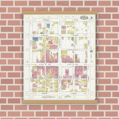 Old map wall art mockup — magnetic wood frame on brick wall — Sanborn Fire Insurance Map from Waynesburg, Greene County, Pennsylvania (1918), Sheet #0003