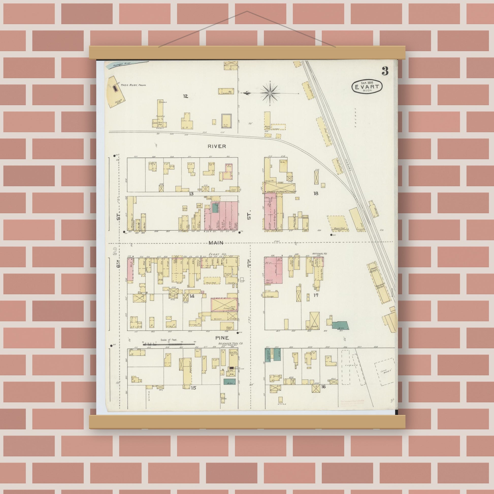 Old map wall art mockup — magnetic wood frame on brick wall — Sanborn Fire Insurance Map from Evart, Osceola County, Michigan (1893), Sheet #0003