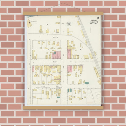 Old map wall art mockup — magnetic wood frame on brick wall — Sanborn Fire Insurance Map from Evart, Osceola County, Michigan (1893), Sheet #0003