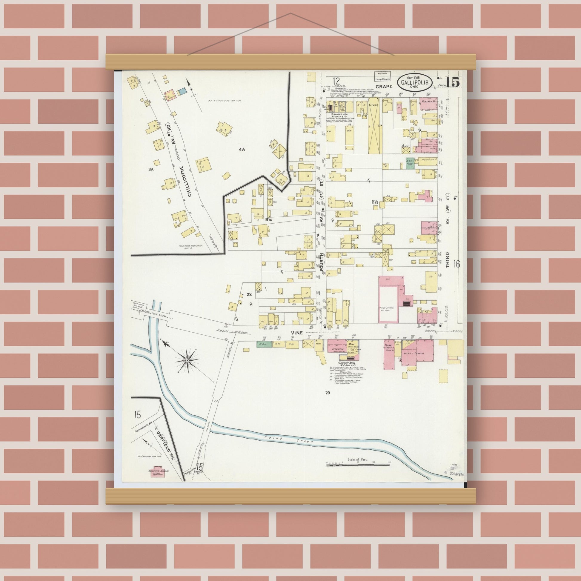 Old map wall art mockup — magnetic wood frame on brick wall — Sanborn Fire Insurance Map from Gallipolis, Gallia County, Ohio (1908), Sheet #0015