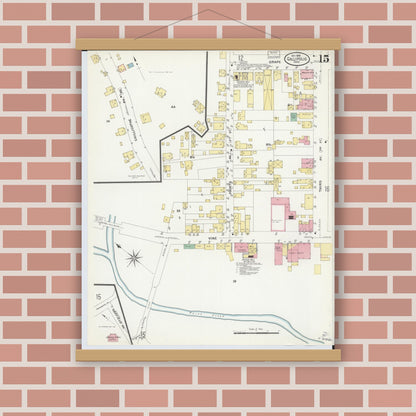 Old map wall art mockup — magnetic wood frame on brick wall — Sanborn Fire Insurance Map from Gallipolis, Gallia County, Ohio (1908), Sheet #0015