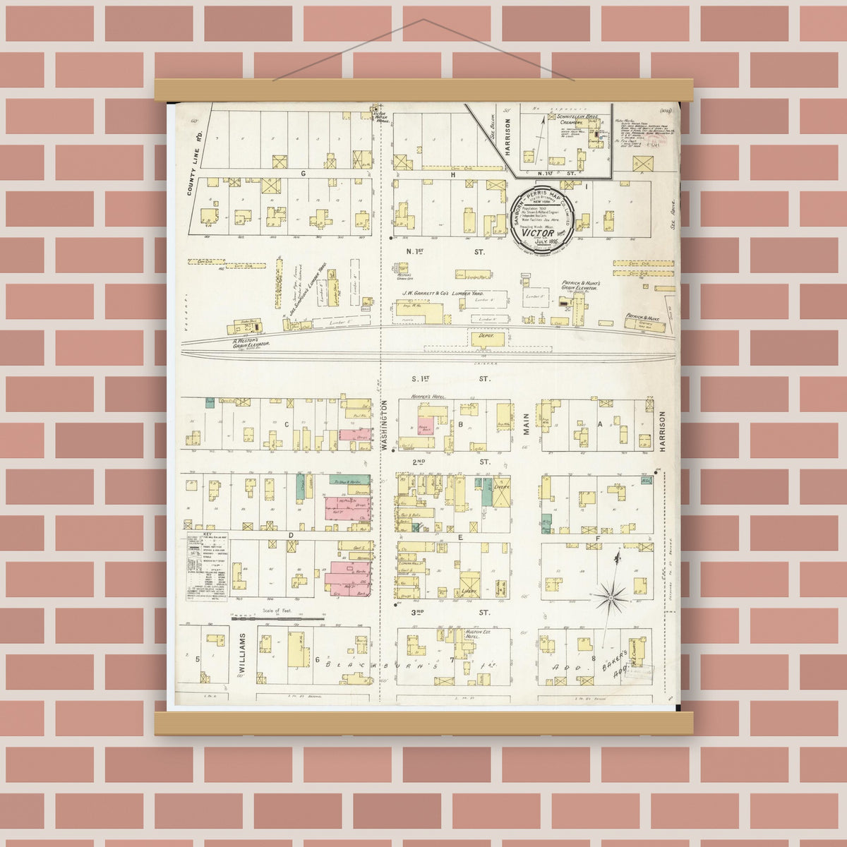 Old map wall art mockup — magnetic wood frame on brick wall — Sanborn Fire Insurance Map from Victor, Iowa County, Iowa (1895), Sheet #0001