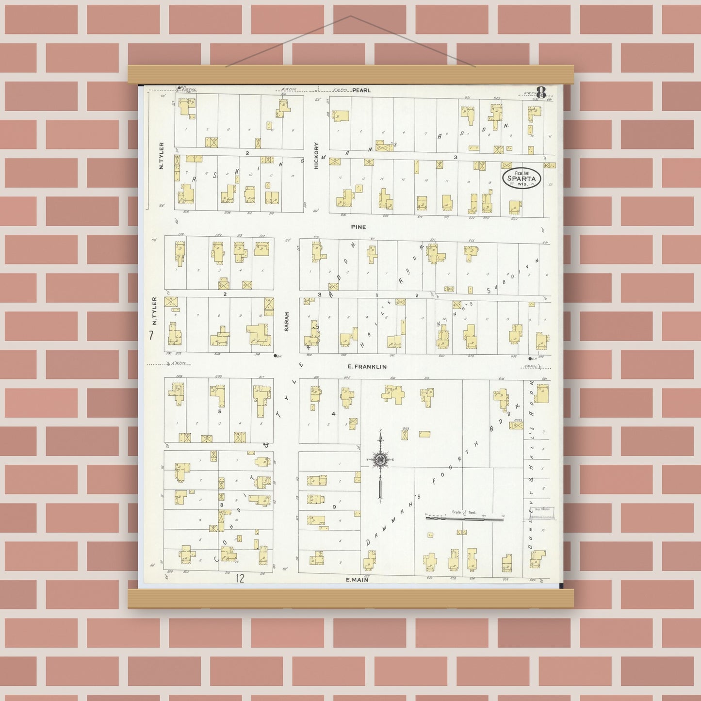 Old map wall art mockup — magnetic wood frame on brick wall — Sanborn Fire Insurance Map from Sparta, Monroe County, Wisconsin (1911), Sheet #0008