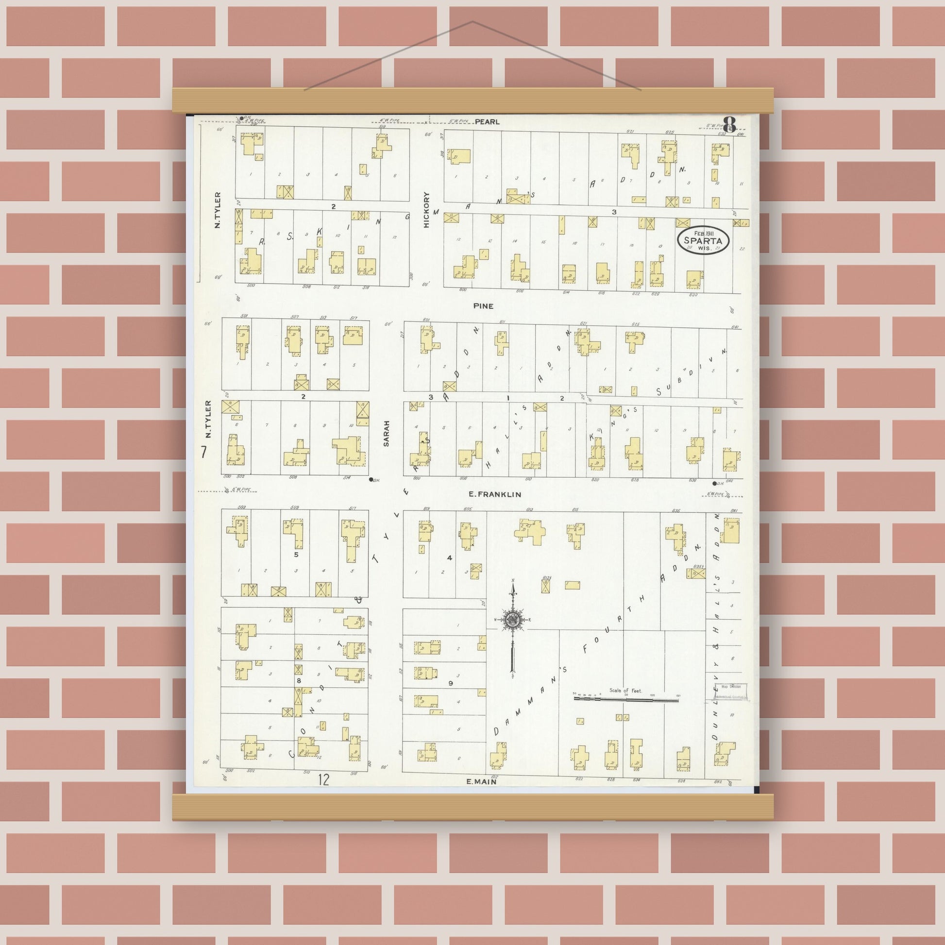 Old map wall art mockup — magnetic wood frame on brick wall — Sanborn Fire Insurance Map from Sparta, Monroe County, Wisconsin (1911), Sheet #0008