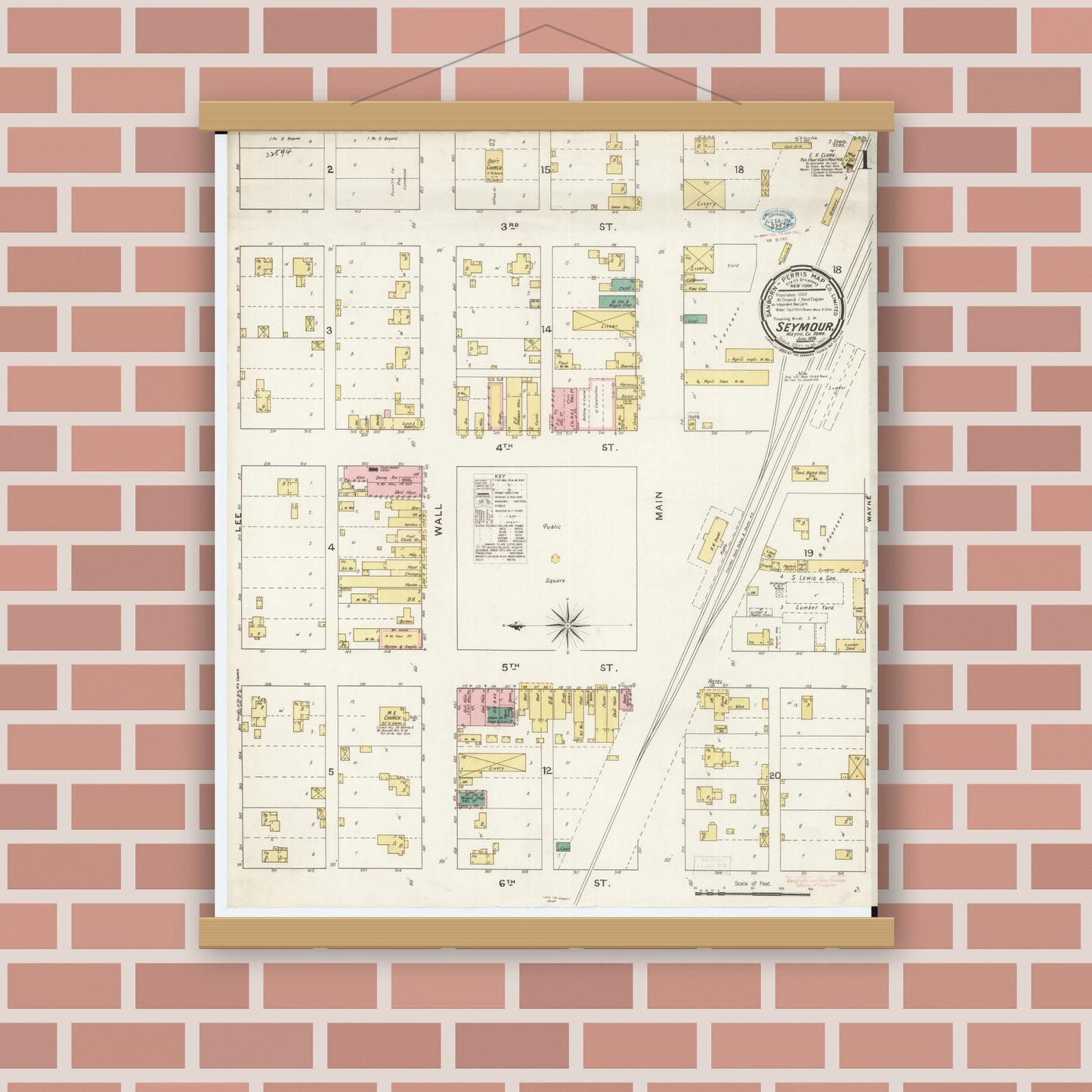 Old map wall art mockup — magnetic wood frame on brick wall — Sanborn Fire Insurance Map from Seymour, Wayne County, Iowa (1894) â€” Complete Set