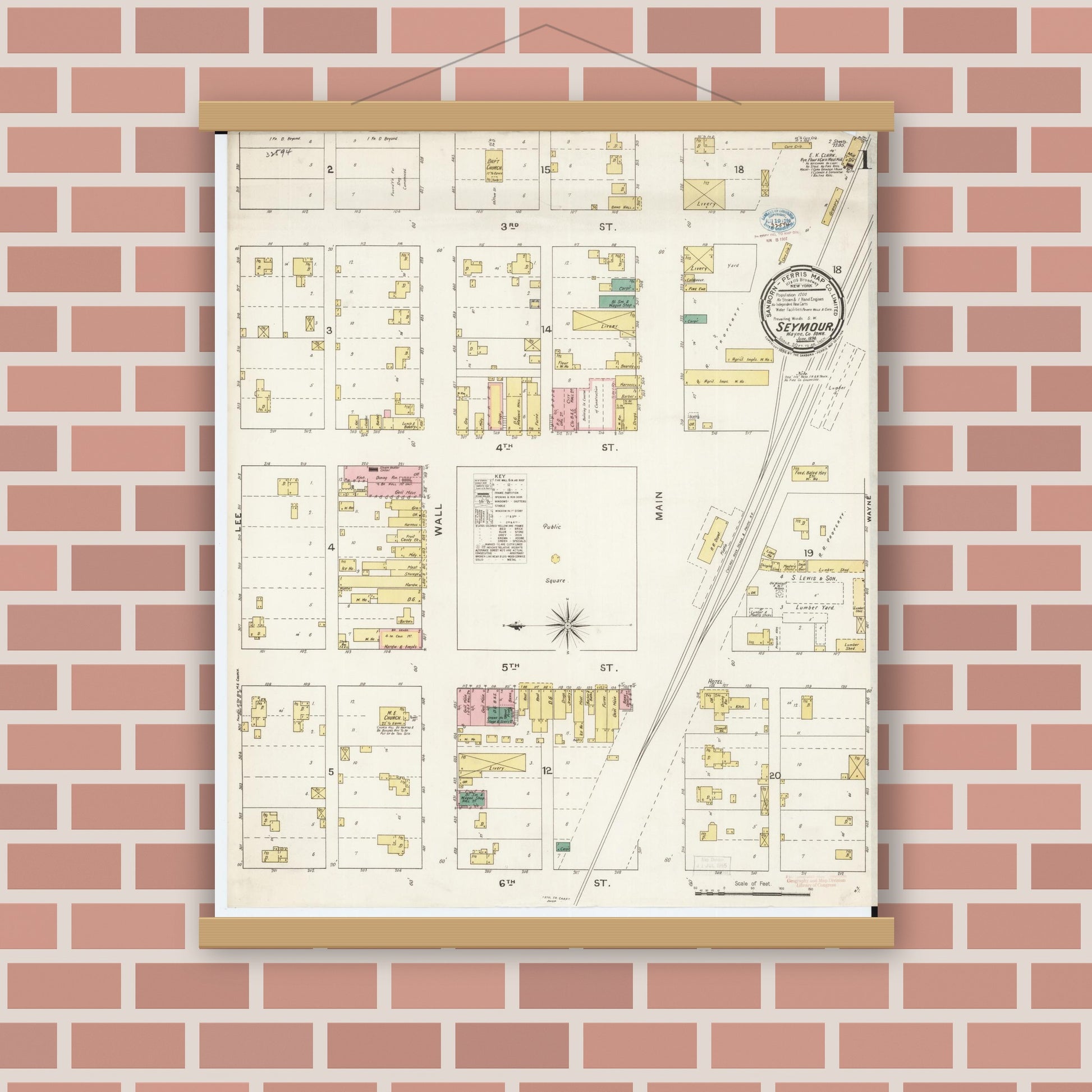 Old map wall art mockup — magnetic wood frame on brick wall — Sanborn Fire Insurance Map from Seymour, Wayne County, Iowa (1894) â€” Complete Set