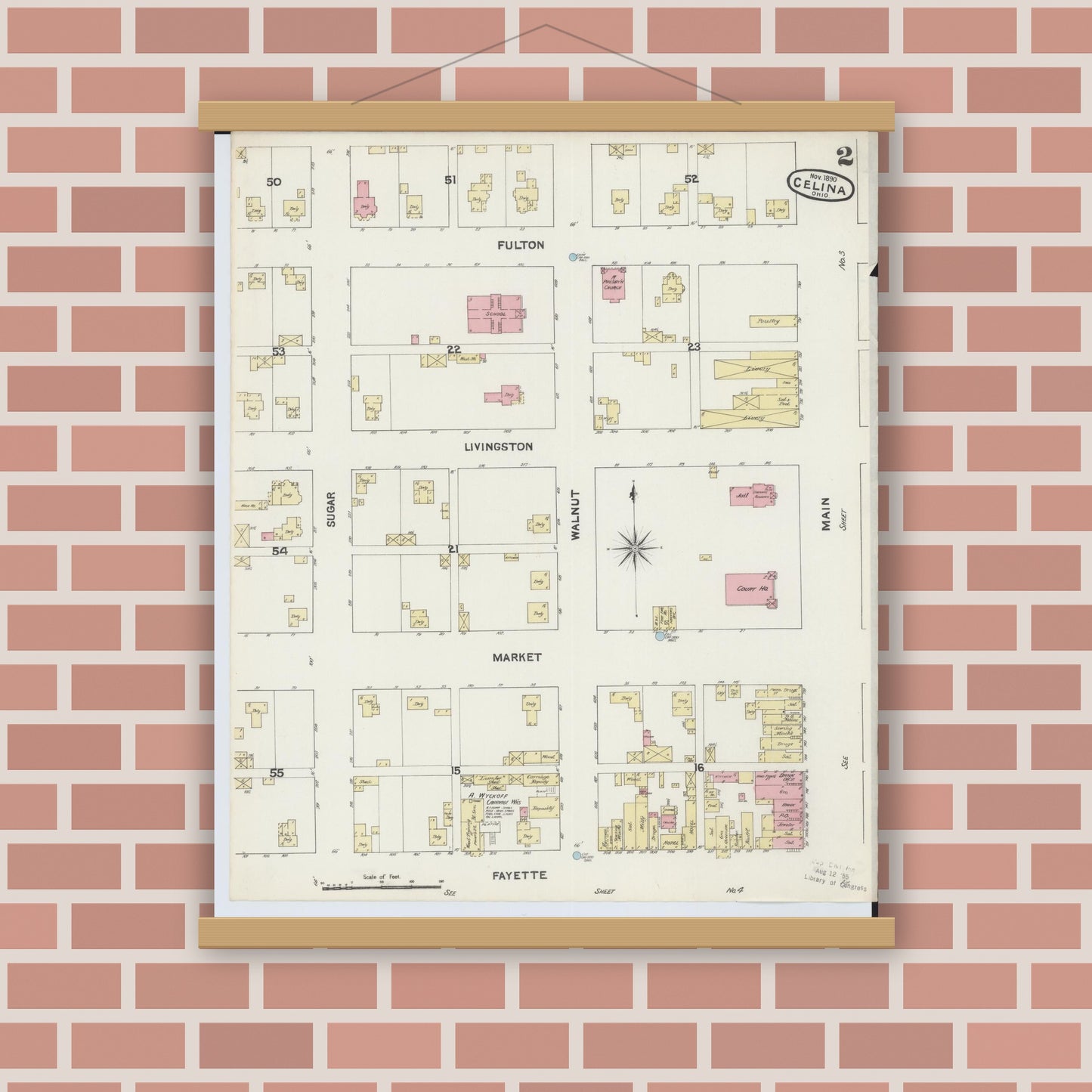 Old map wall art mockup — magnetic wood frame on brick wall — Sanborn Fire Insurance Map from Celina, Mercer County, Ohio (1890), Sheet #0002