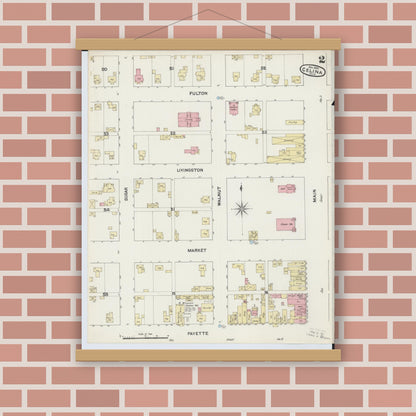 Old map wall art mockup — magnetic wood frame on brick wall — Sanborn Fire Insurance Map from Celina, Mercer County, Ohio (1890), Sheet #0002
