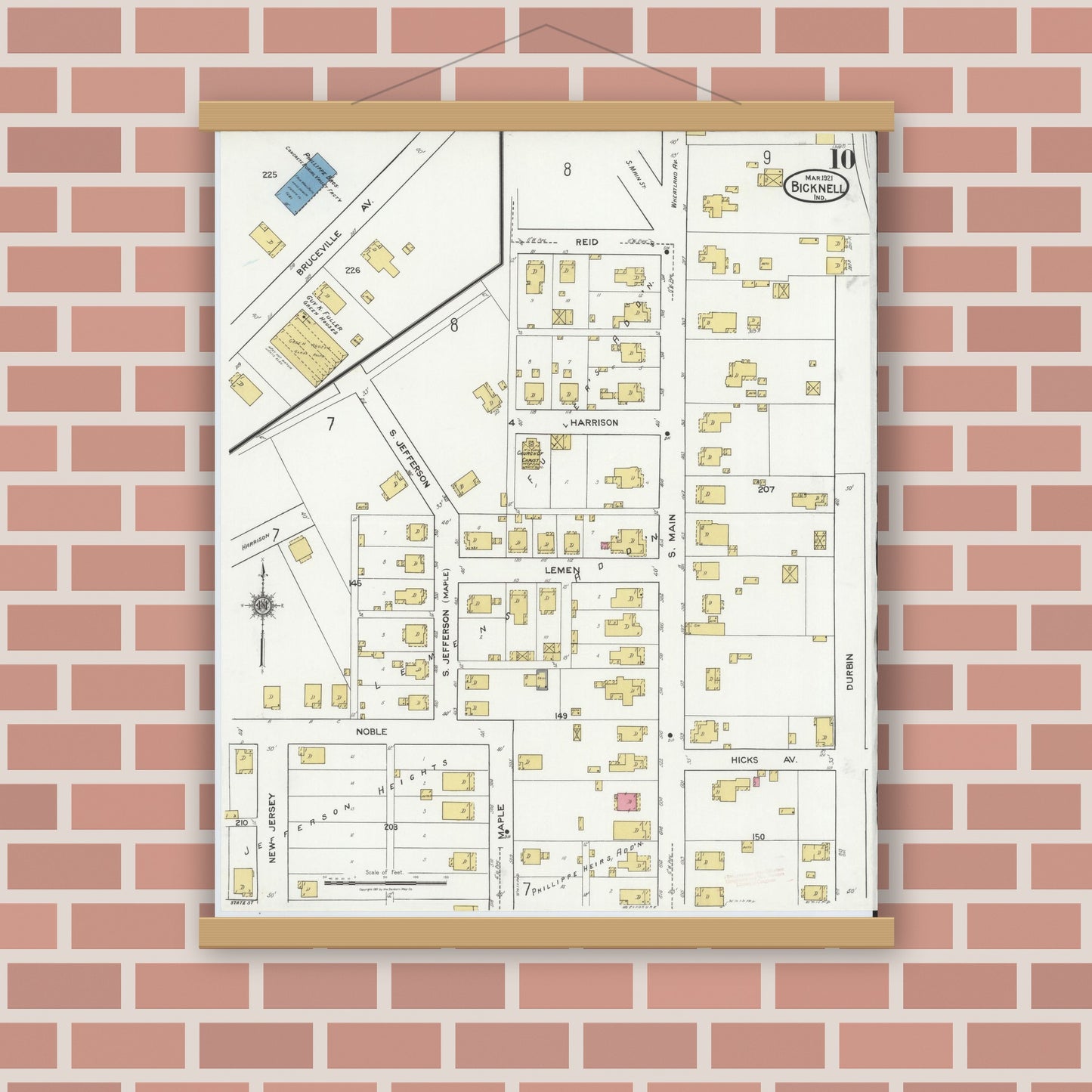 Old map wall art mockup — magnetic wood frame on brick wall — Sanborn Fire Insurance Map from Bicknell, Knox County, Indiana (1921), Sheet #0010