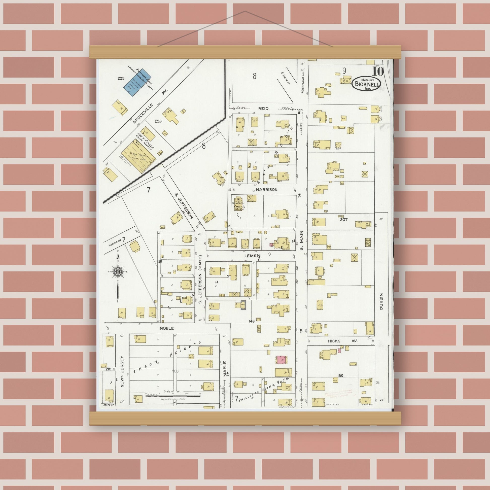 Old map wall art mockup — magnetic wood frame on brick wall — Sanborn Fire Insurance Map from Bicknell, Knox County, Indiana (1921), Sheet #0010
