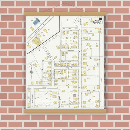 Old map wall art mockup — magnetic wood frame on brick wall — Sanborn Fire Insurance Map from Bicknell, Knox County, Indiana (1921), Sheet #0010