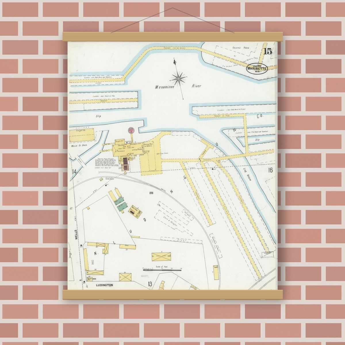 Old map wall art mockup — magnetic wood frame on brick wall — Sanborn Fire Insurance Map from Marinette, Marinette County, Wisconsin (1901), Sheet #0015
