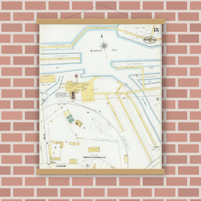 Old map wall art mockup — magnetic wood frame on brick wall — Sanborn Fire Insurance Map from Marinette, Marinette County, Wisconsin (1901), Sheet #0015