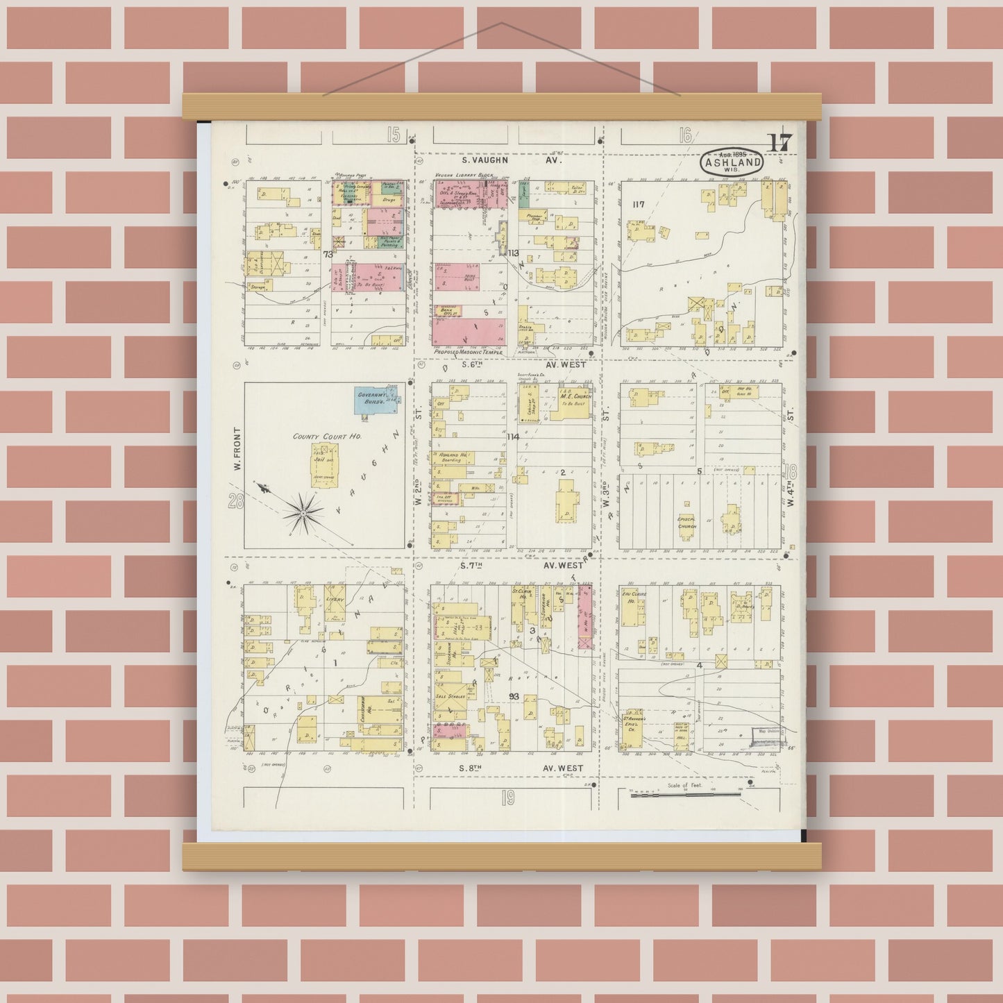 Old map wall art mockup — magnetic wood frame on brick wall — Sanborn Fire Insurance Map from Ashland, Ashland County, Wisconsin (1895), Sheet #0017