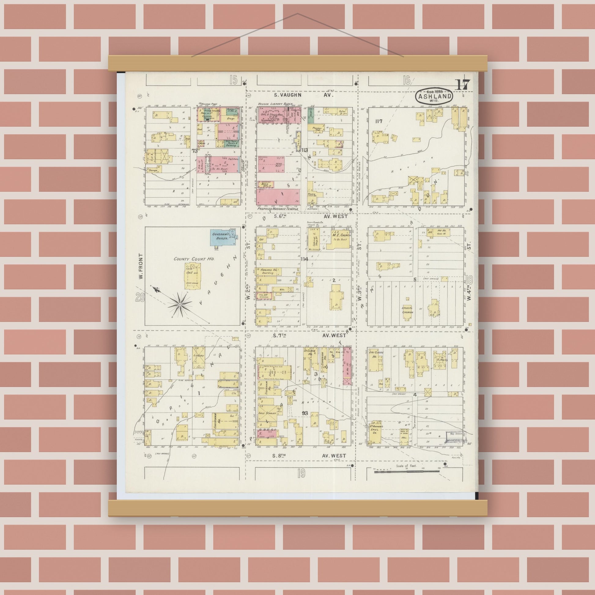Old map wall art mockup — magnetic wood frame on brick wall — Sanborn Fire Insurance Map from Ashland, Ashland County, Wisconsin (1895), Sheet #0017
