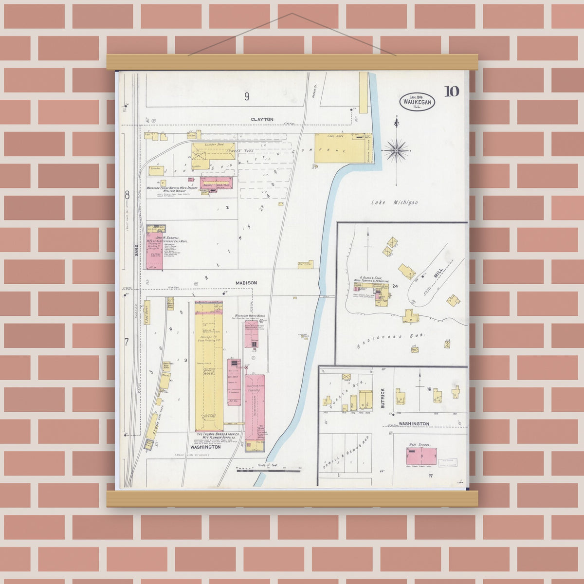 Old map wall art mockup — magnetic wood frame on brick wall — Sanborn Fire Insurance Map from Waukegan, Lake County, Illinois (1906), Sheet #0010