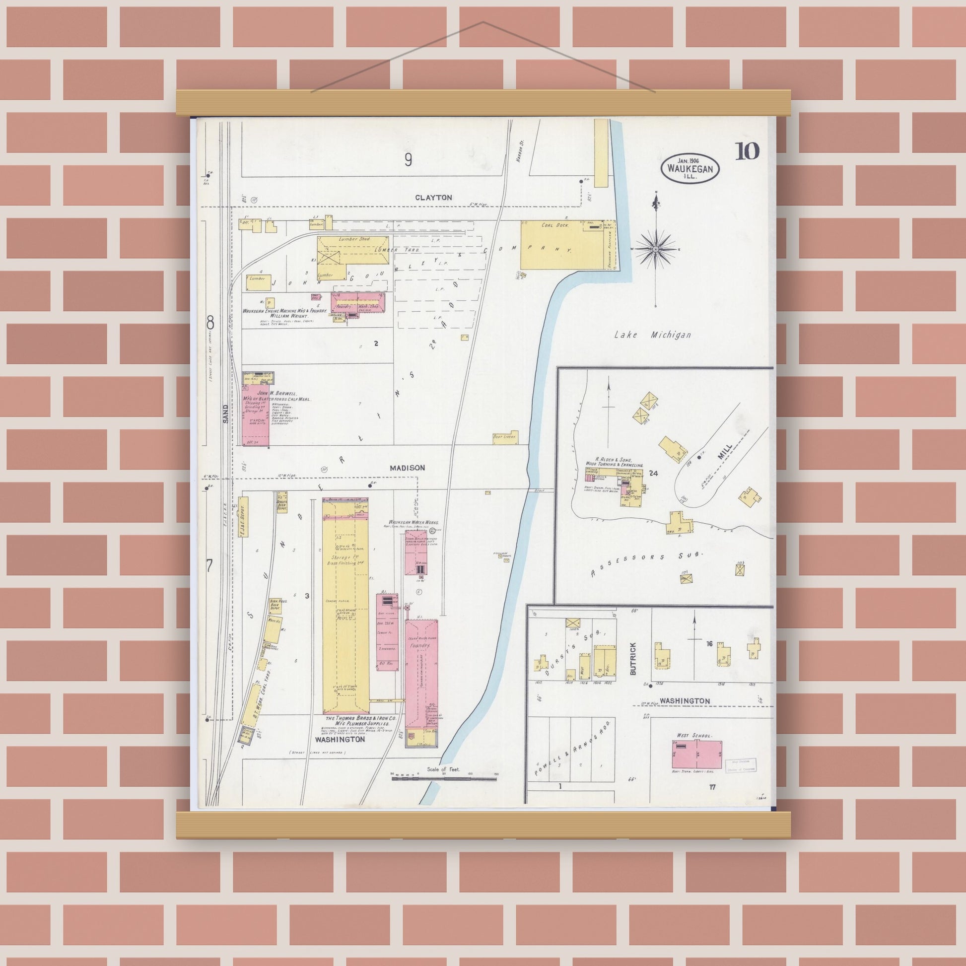 Old map wall art mockup — magnetic wood frame on brick wall — Sanborn Fire Insurance Map from Waukegan, Lake County, Illinois (1906), Sheet #0010