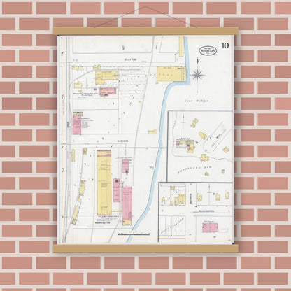 Old map wall art mockup — magnetic wood frame on brick wall — Sanborn Fire Insurance Map from Waukegan, Lake County, Illinois (1906), Sheet #0010