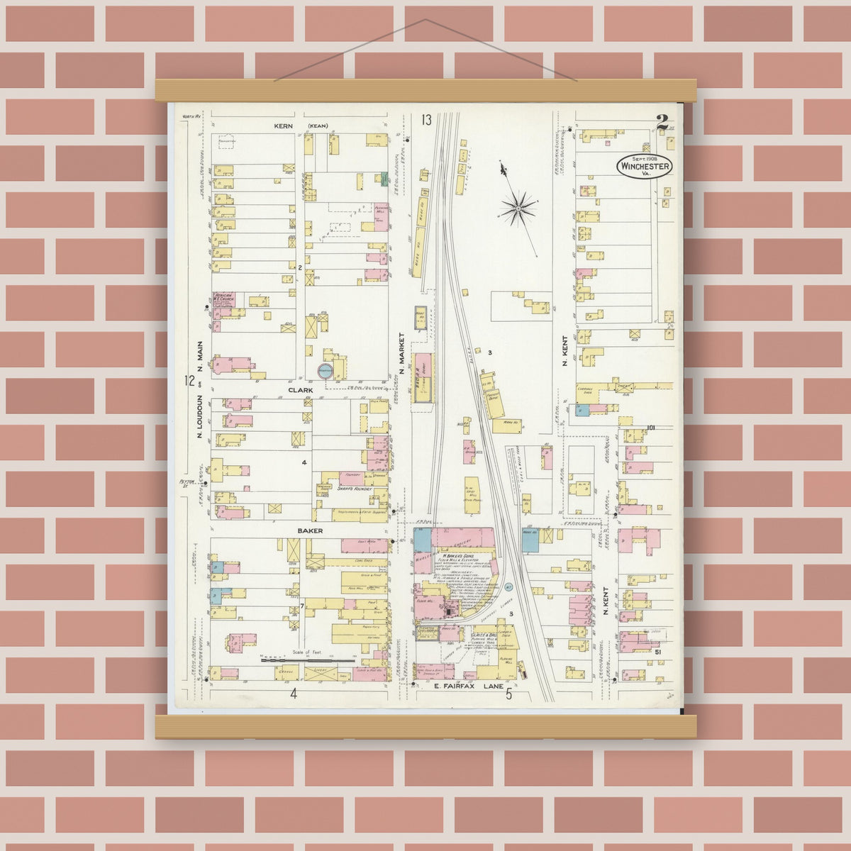 Old map wall art mockup — magnetic wood frame on brick wall — Sanborn Fire Insurance Map from Winchester, Independent Cities, Virginia (1908), Sheet #0002