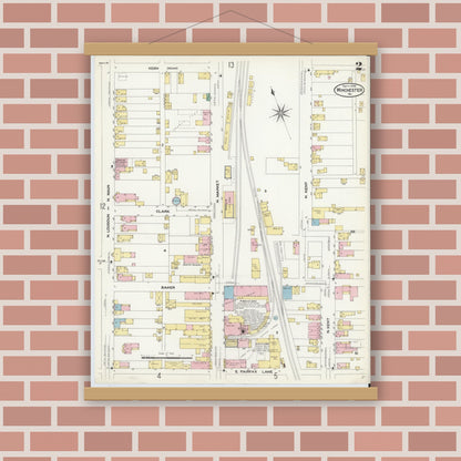 Old map wall art mockup — magnetic wood frame on brick wall — Sanborn Fire Insurance Map from Winchester, Independent Cities, Virginia (1908), Sheet #0002