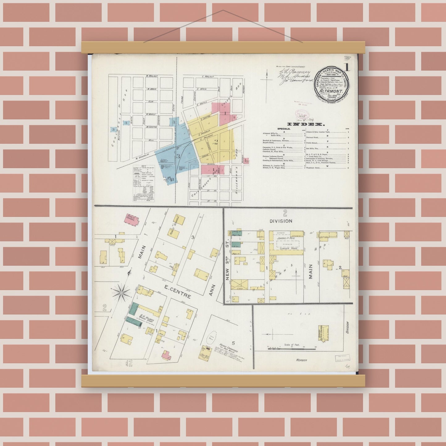 Old map wall art mockup — magnetic wood frame on brick wall — Sanborn Fire Insurance Map from Altamont, Effingham County, Illinois (1893) - Complete Map Set