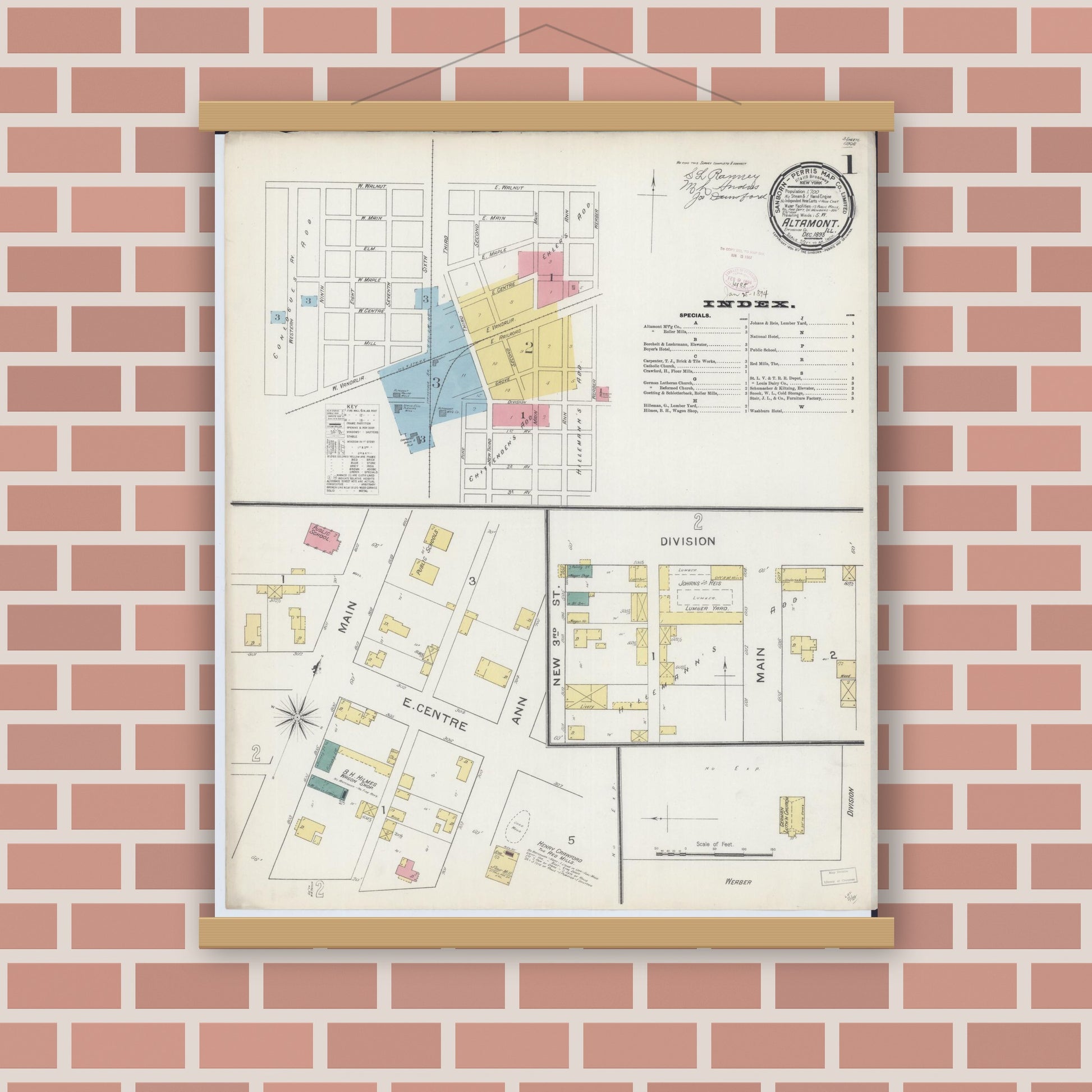 Old map wall art mockup — magnetic wood frame on brick wall — Sanborn Fire Insurance Map from Altamont, Effingham County, Illinois (1893) - Complete Map Set