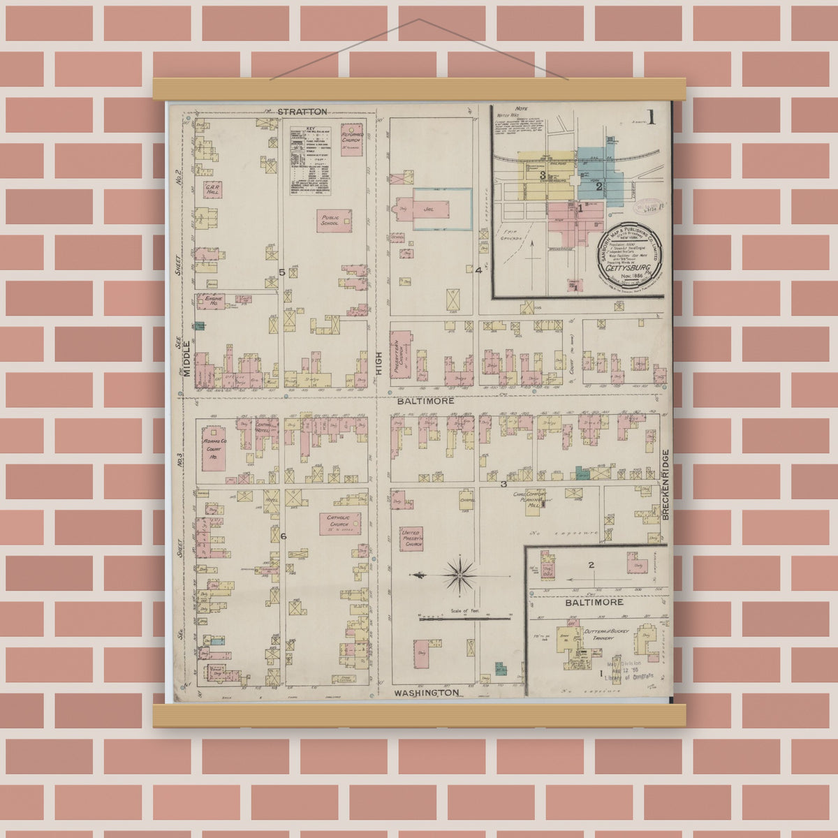 Old map wall art mockup — magnetic wood frame on brick wall — Sanborn Fire Insurance Map from Gettysburg, Adams County, Pennsylvania (1886), Sheet #0001