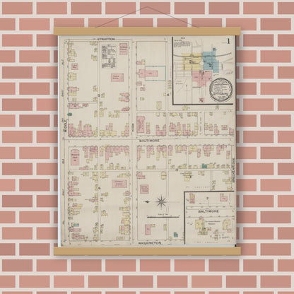 Old map wall art mockup — magnetic wood frame on brick wall — Sanborn Fire Insurance Map from Gettysburg, Adams County, Pennsylvania (1886), Sheet #0001