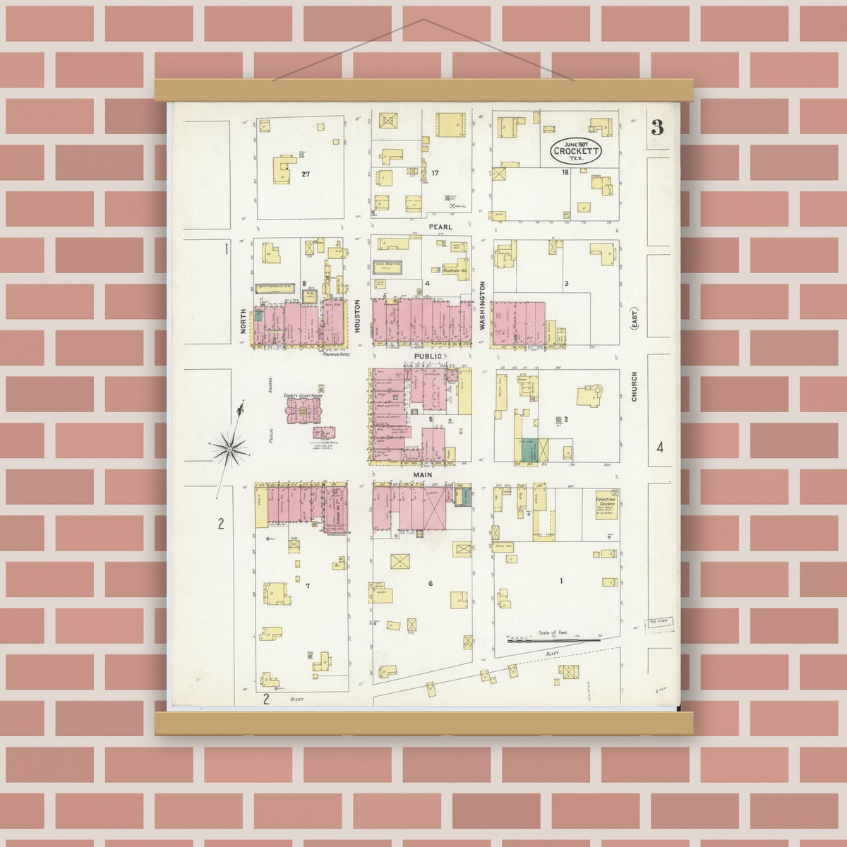 Old map wall art mockup — magnetic wood frame on brick wall — Sanborn Fire Insurance Map from Crockett, Houston County, Texas (1907), Sheet #0003