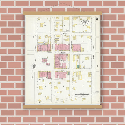 Old map wall art mockup — magnetic wood frame on brick wall — Sanborn Fire Insurance Map from Crockett, Houston County, Texas (1907), Sheet #0003