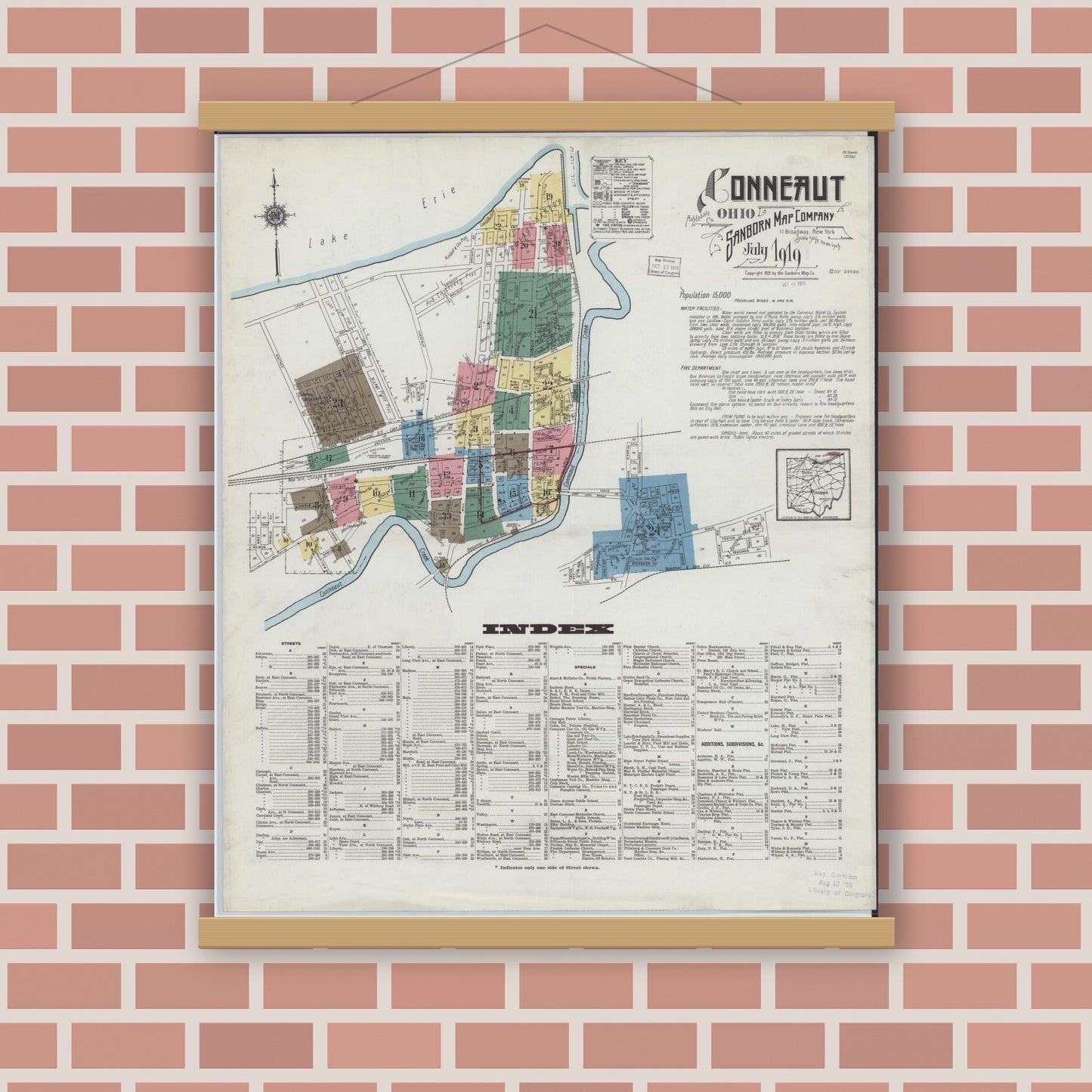 Old map wall art mockup — magnetic wood frame on brick wall — Sanborn Fire Insurance Map from Conneaut, Ashtabula County, Ohio (1919), Sheet #0001