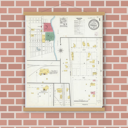 Old map wall art mockup — magnetic wood frame on brick wall — Sanborn Fire Insurance Map from Titusville, Brevard County, Florida (1903), Sheet #0001