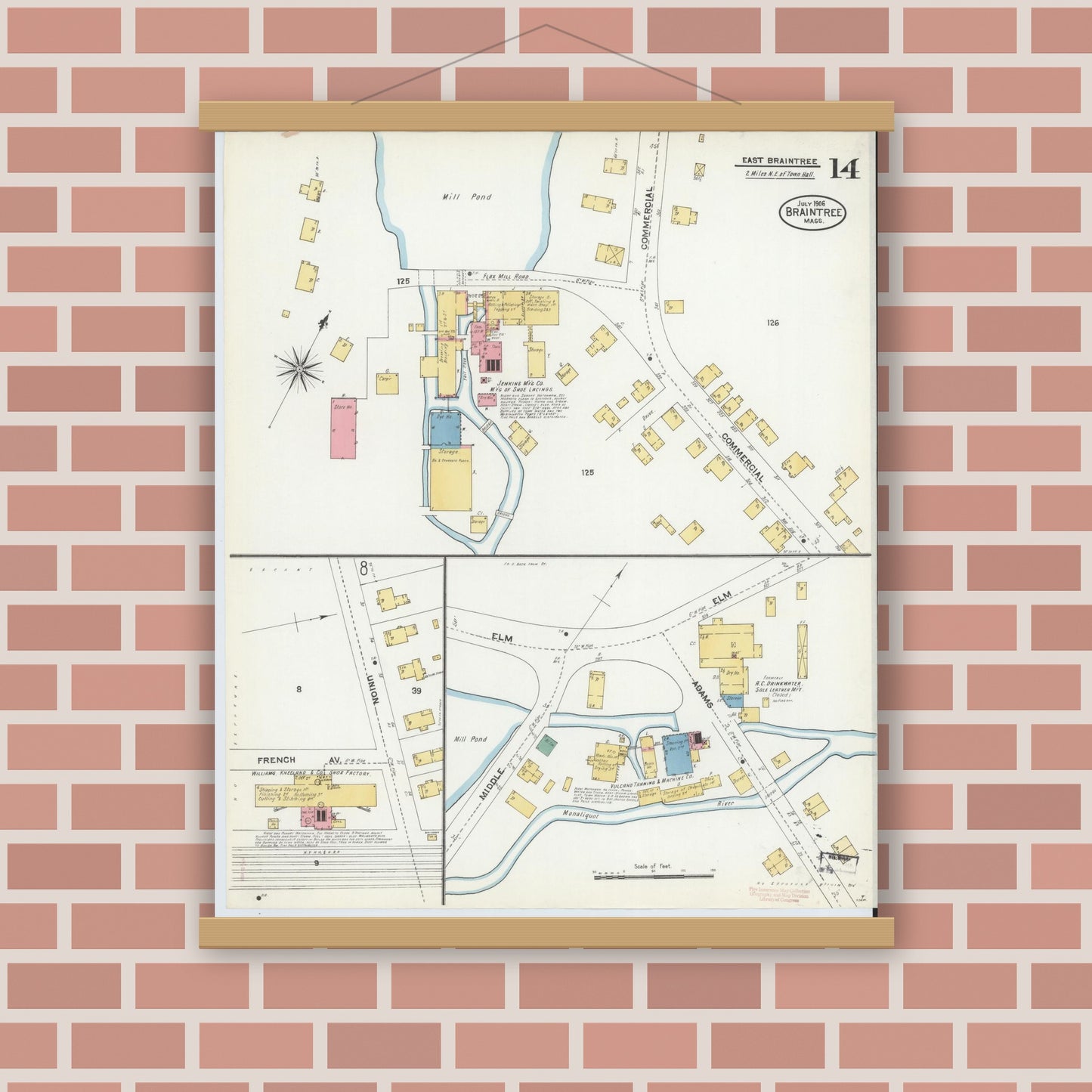 Old map wall art mockup — magnetic wood frame on brick wall — Sanborn Fire Insurance Map from Braintree, Norfolk County, Massachusetts (1906), Sheet #0014