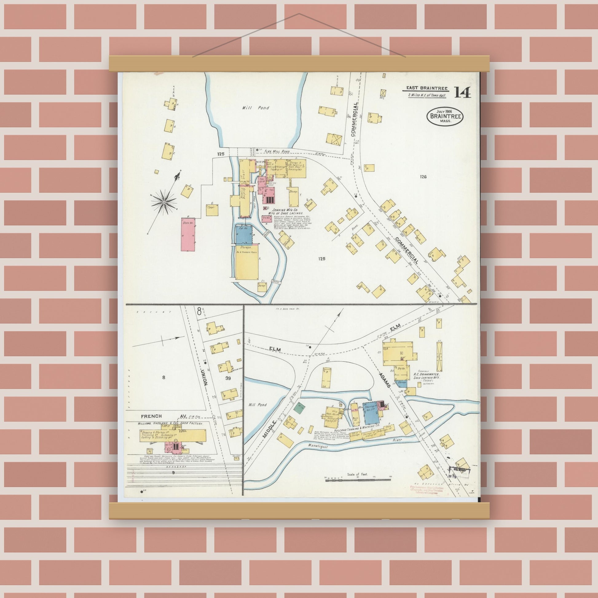 Old map wall art mockup — magnetic wood frame on brick wall — Sanborn Fire Insurance Map from Braintree, Norfolk County, Massachusetts (1906), Sheet #0014