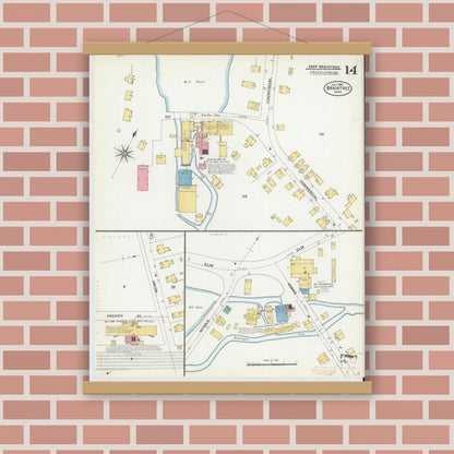 Old map wall art mockup — magnetic wood frame on brick wall — Sanborn Fire Insurance Map from Braintree, Norfolk County, Massachusetts (1906), Sheet #0014